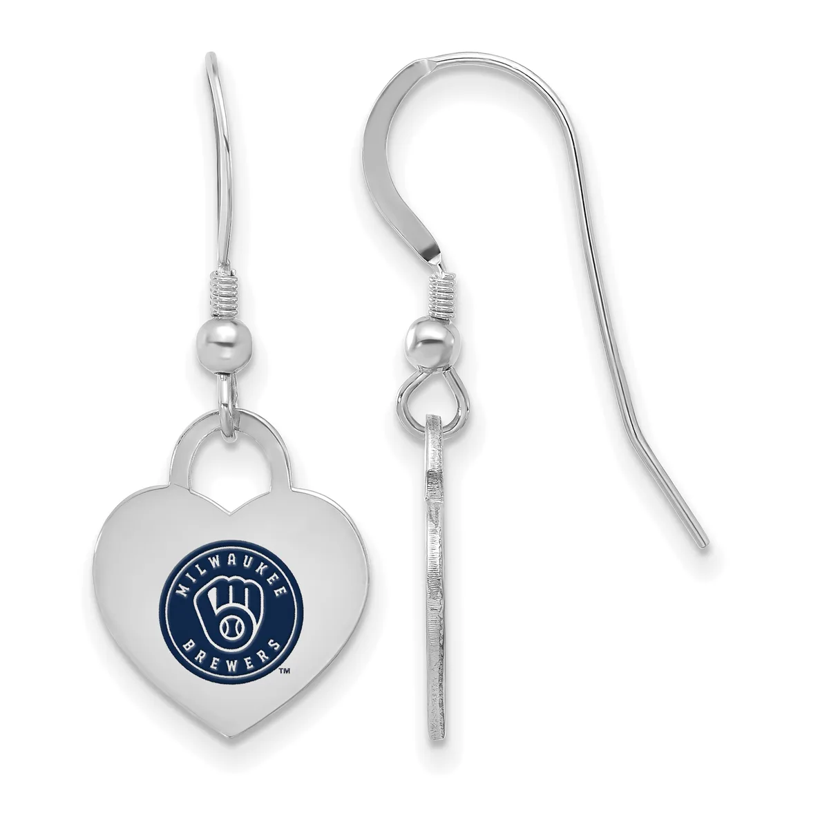 A pair of silver heart-shaped earrings with fish hook wires, each heart featuring a circular blue and white sports logo.