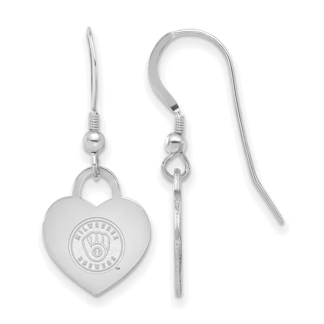 Pair of silver-toned heart-shaped dangle earrings with a circular dial design in the center, shown from front and side views.