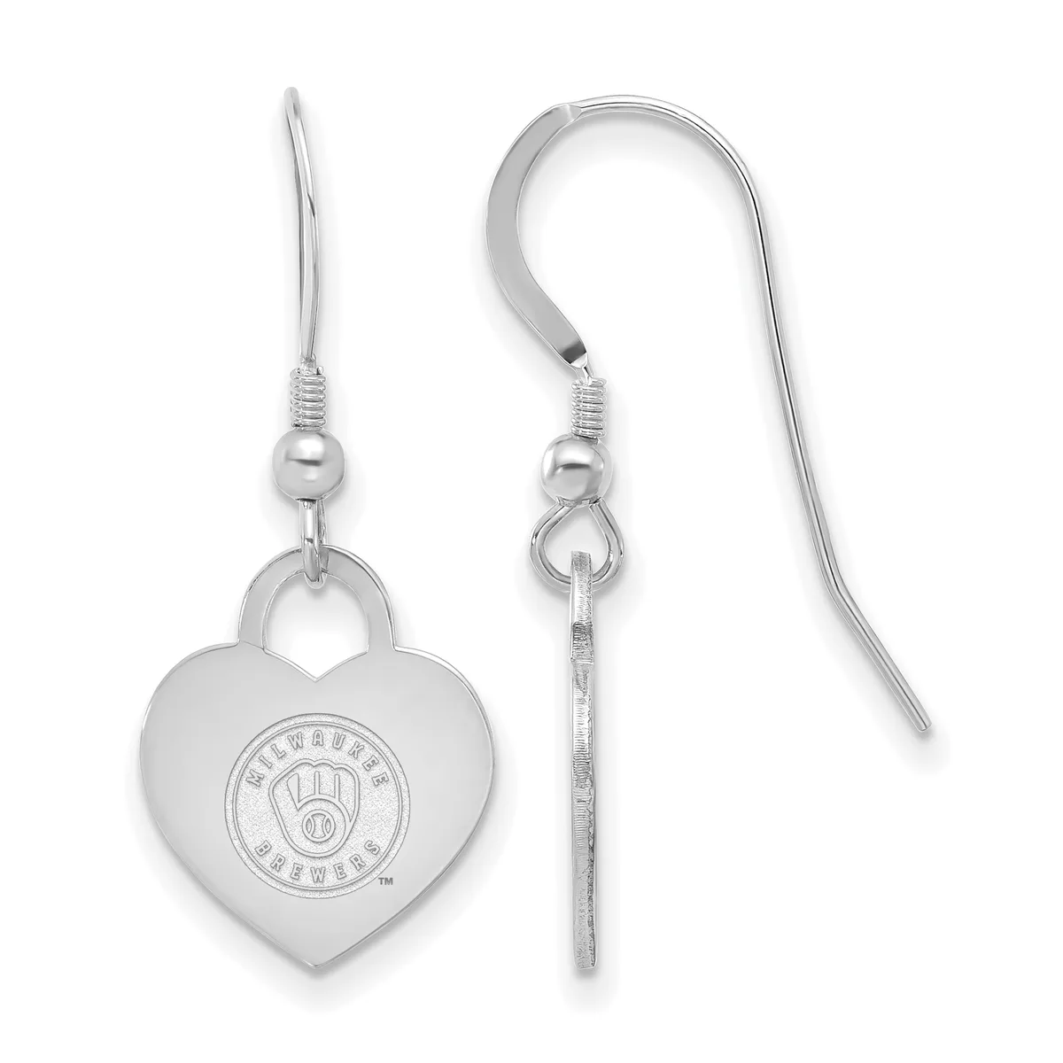 Pair of silver-toned heart-shaped dangle earrings with a circular dial design in the center, shown from front and side views.