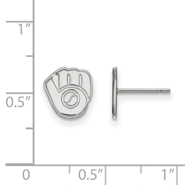 Silver baseball glove stud earrings shown next to a ruler displaying measurements of approximately 0.5 inches in height and width.
