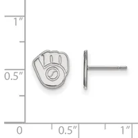 Silver baseball glove stud earrings shown next to a ruler displaying measurements of approximately 0.5 inches in height and width.