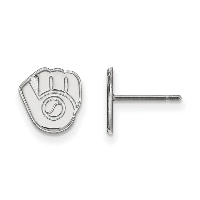 Pair of silver baseball glove stud earrings shown from front and side views on posts with backing closures.