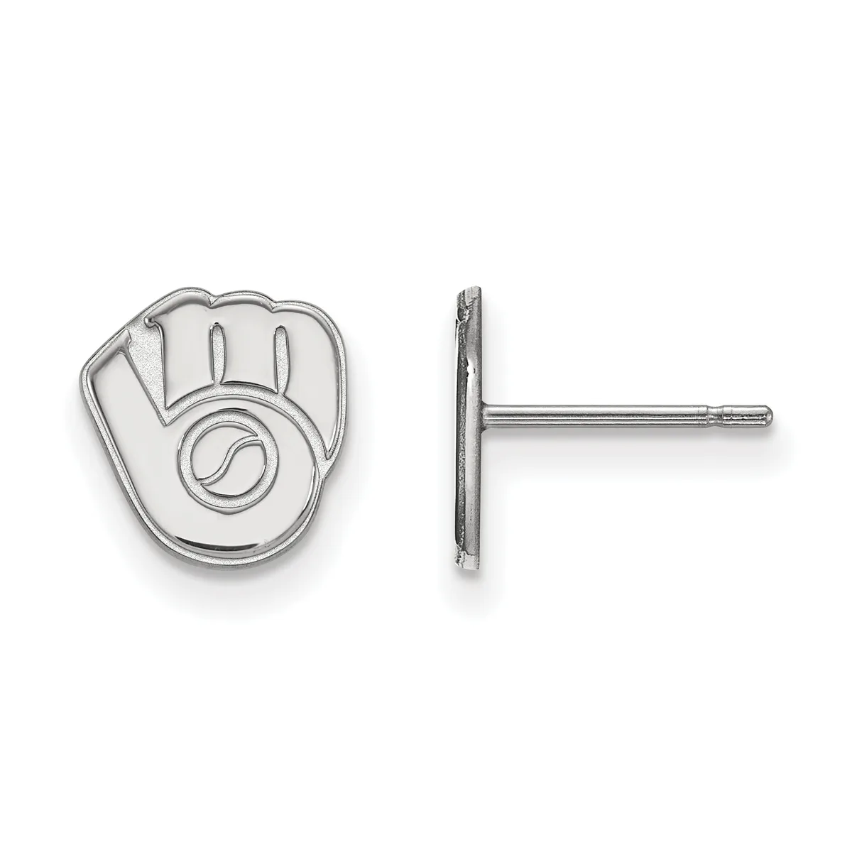 Pair of silver baseball glove stud earrings shown from front and side views on posts with backing closures.