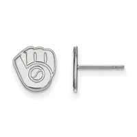Pair of silver baseball glove stud earrings shown from front and side views on posts with backing closures.