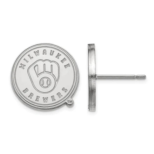 Sterling silver circular stud earrings with a baseball glove and ball design, shown from front and side views.