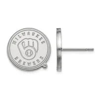 Sterling silver circular stud earrings with a baseball glove and ball design, shown from front and side views.