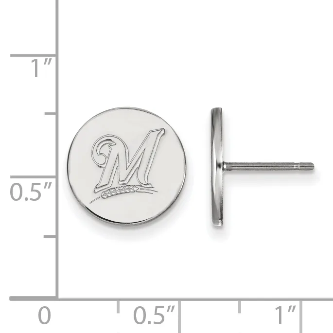 Two silver-toned circular earring studs with an engraved decorative letter M, shown front and side view next to a measurement scale.