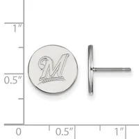 Two silver-toned circular earring studs with an engraved decorative letter M, shown front and side view next to a measurement scale.
