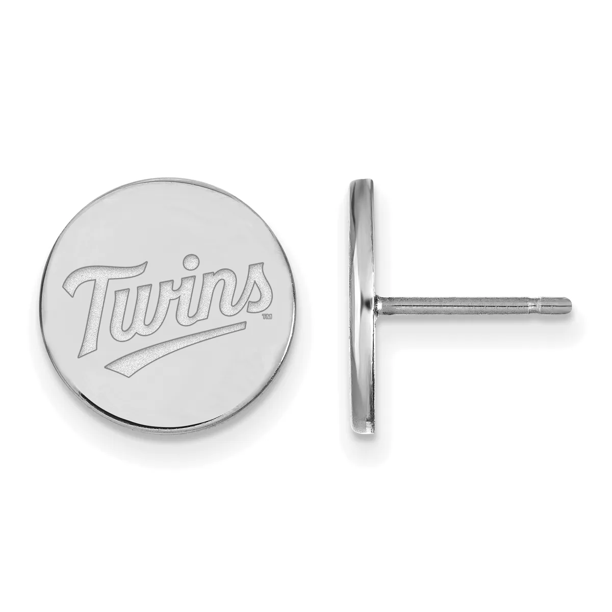 A pair of polished silver-toned circular stud earrings with engraved text, shown from front and side views.