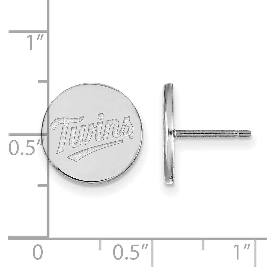 A circular silver stud earring with engraved text on the front, shown from front and side view next to a measurement scale indicating approximately half an inch diameter.