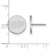 A circular silver stud earring with engraved text on the front, shown from front and side view next to a measurement scale indicating approximately half an inch diameter.
