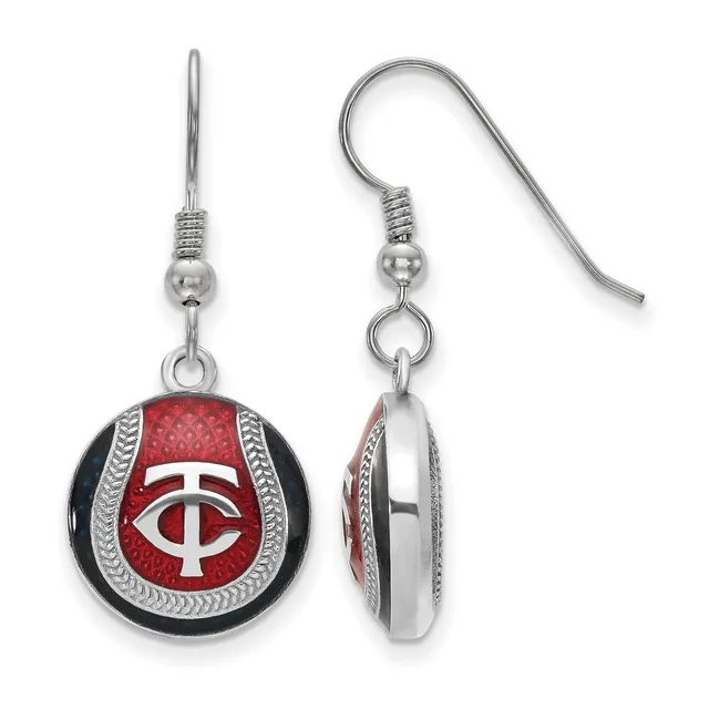 Pair of silver dangle earrings with round red and black enamel pendants featuring a white sports logo and decorative silver borders.