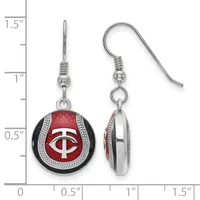 Pair of circular dangle earrings with red enamel and silver-tone metal featuring a white "C" logo, shown front and back view with measurement scale.