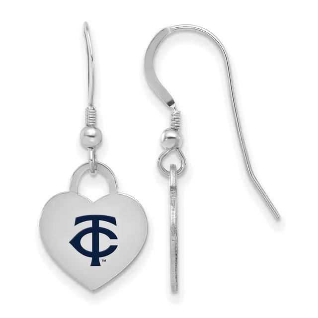 Pair of silver-colored heart-shaped earrings with a navy blue logo, shown from front and side views with fish hook closures.