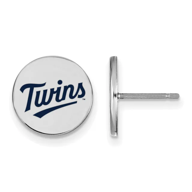 A pair of round silver stud earrings with navy blue printed logo on white enamel disc face, shown from front and side view.