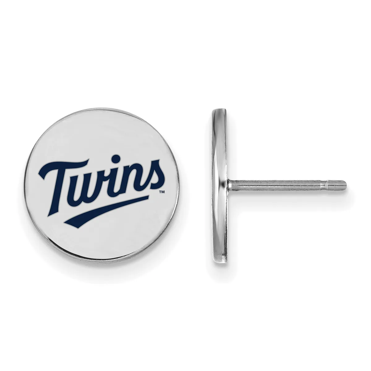 A pair of round silver stud earrings with navy blue printed logo on white enamel disc face, shown from front and side view.