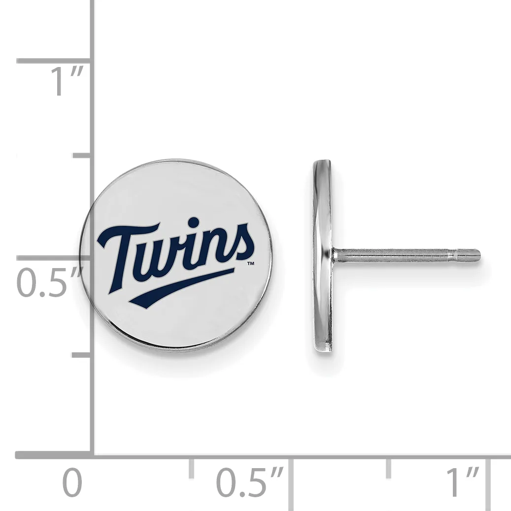 Pair of round silver-toned stud earrings with navy text on white enamel face, shown next to measurement ruler indicating approximately three-quarter inch diameter.