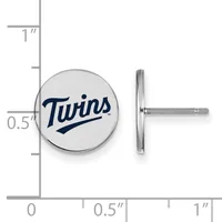 Pair of round silver-toned stud earrings with navy text on white enamel face, shown next to measurement ruler indicating approximately three-quarter inch diameter.