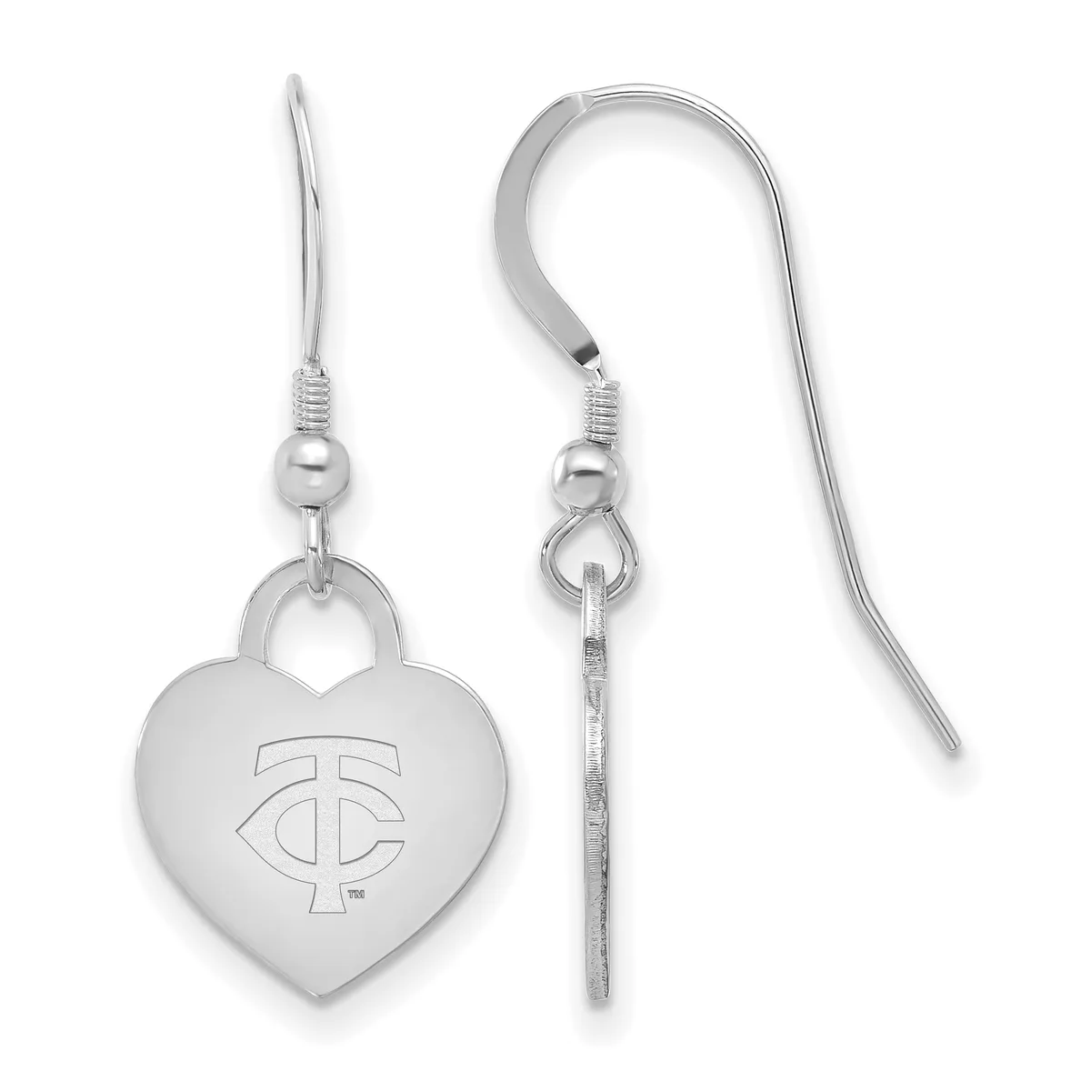 Pair of silver heart-shaped dangle earrings with a cross symbol engraved on the front, shown from front and side views.