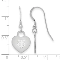 A pair of silver-toned heart-shaped dangle earrings with a cross emblem, shown next to a measurement scale indicating approximately one inch in length.