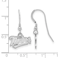 Pair of silver-toned dangle earrings with script lettering charms and fish hook wires, shown next to a ruler measuring approximately 1.5 inches in length.