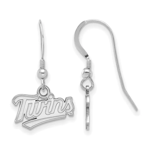 A pair of silver-toned earrings with fish hook wires, each featuring a dangling charm shaped like a stylized baseball team name in outlined lettering.