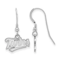 A pair of silver-toned earrings with fish hook wires, each featuring a dangling charm shaped like a stylized baseball team name in outlined lettering.