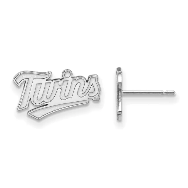 Pair of silver-colored stud earrings with "Twins" text in an outlined script font, shown from front and side views.