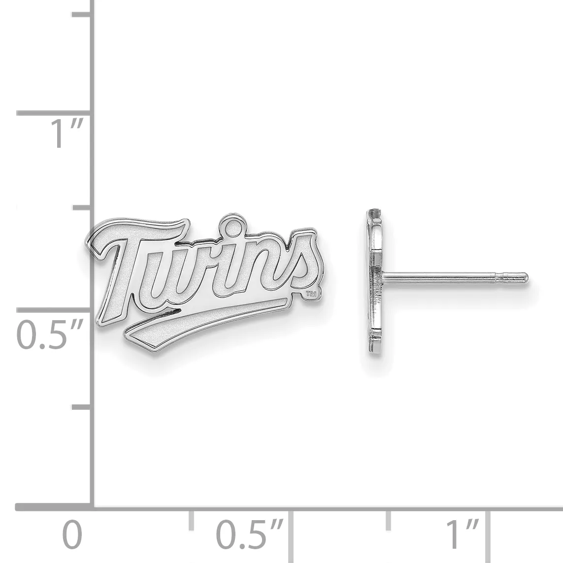 Silver stud earrings with a curved baseball team logo design shown next to a ruler indicating approximately 0.5 inches in width.