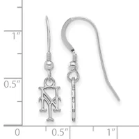 Two silver-tone dangle earrings with fish hook wires, each featuring a decorative monogram charm and a textured bar element, displayed against a measurement scale.