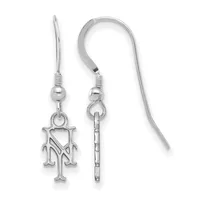 A pair of silver dangle earrings with fish hook wires, each featuring a decorative monogram charm and a small bead detail.