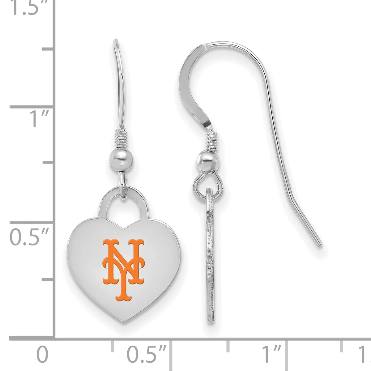 Silver-toned heart-shaped dangle earrings with orange lettering, shown against a measurement scale indicating approximately one inch in length.