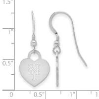 Pair of silver heart-shaped dangle earrings with hook closures, displayed against a measurement scale showing approximately one inch in length.