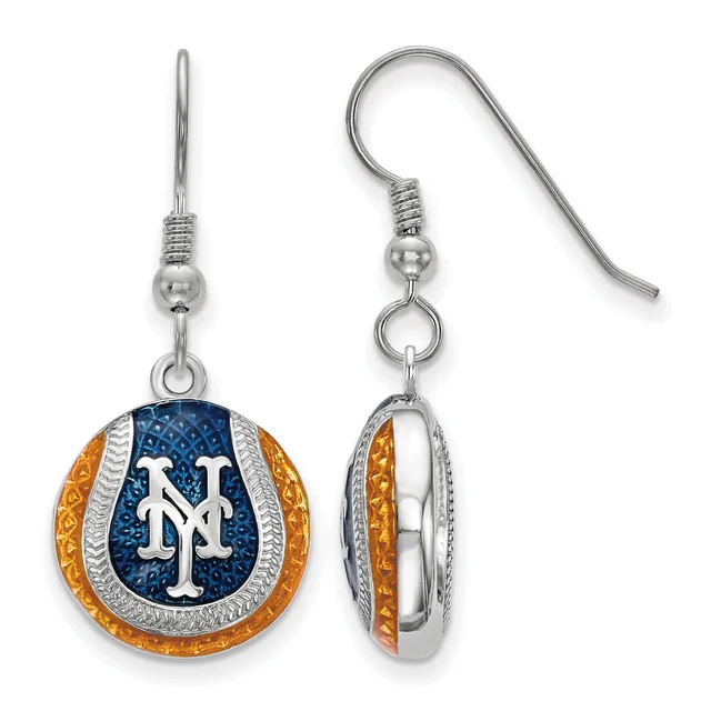Pair of silver earrings with blue and orange enamel baseball-themed pendants featuring a white "NY" monogram, shown from front and side views.