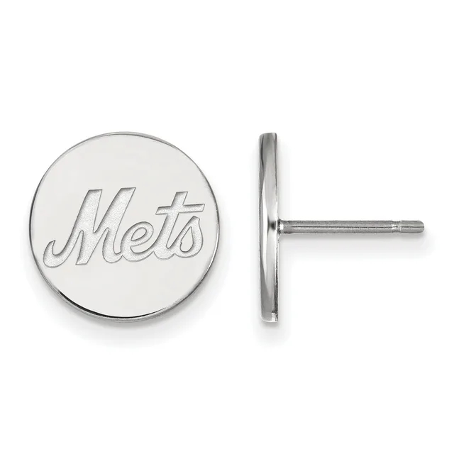 A pair of silver circular stud earrings with engraved lettering on the front, shown from front and side views.