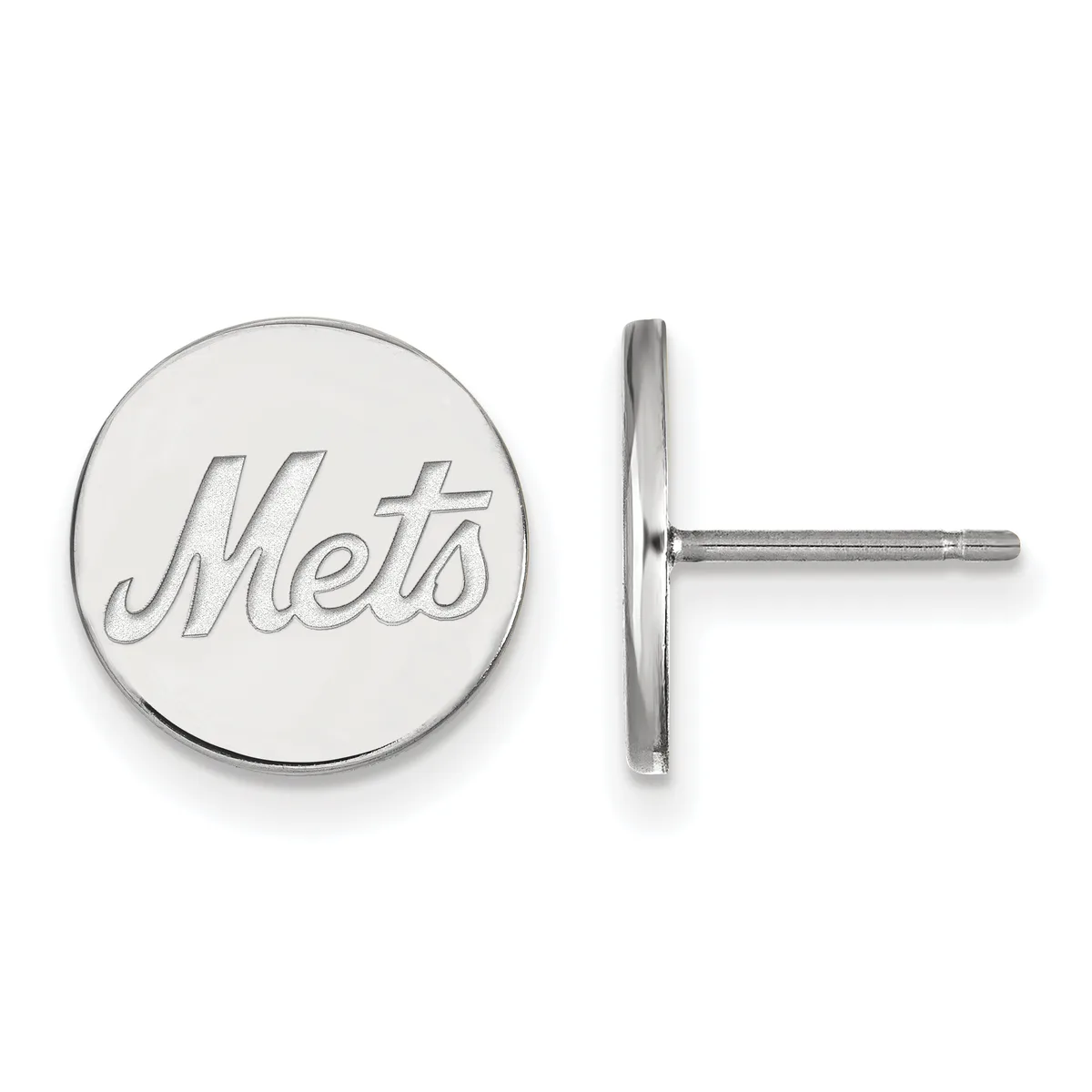 A pair of silver circular stud earrings with engraved lettering on the front, shown from front and side views.