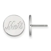 A pair of silver circular stud earrings with engraved lettering on the front, shown from front and side views.
