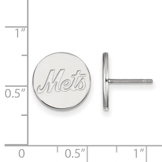 A pair of circular silver stud earrings with a small stamped hallmark, shown front and side view against a measurement scale indicating approximately half an inch in diameter.