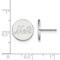 A pair of circular silver stud earrings with a small stamped hallmark, shown front and side view against a measurement scale indicating approximately half an inch in diameter.
