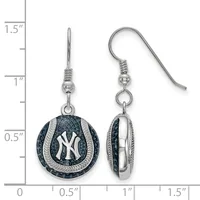 A pair of silver-toned dangle earrings featuring circular baseball-themed pendants with dark blue enamel, white striping, and a white "NY" logo, shown with a measurement scale.