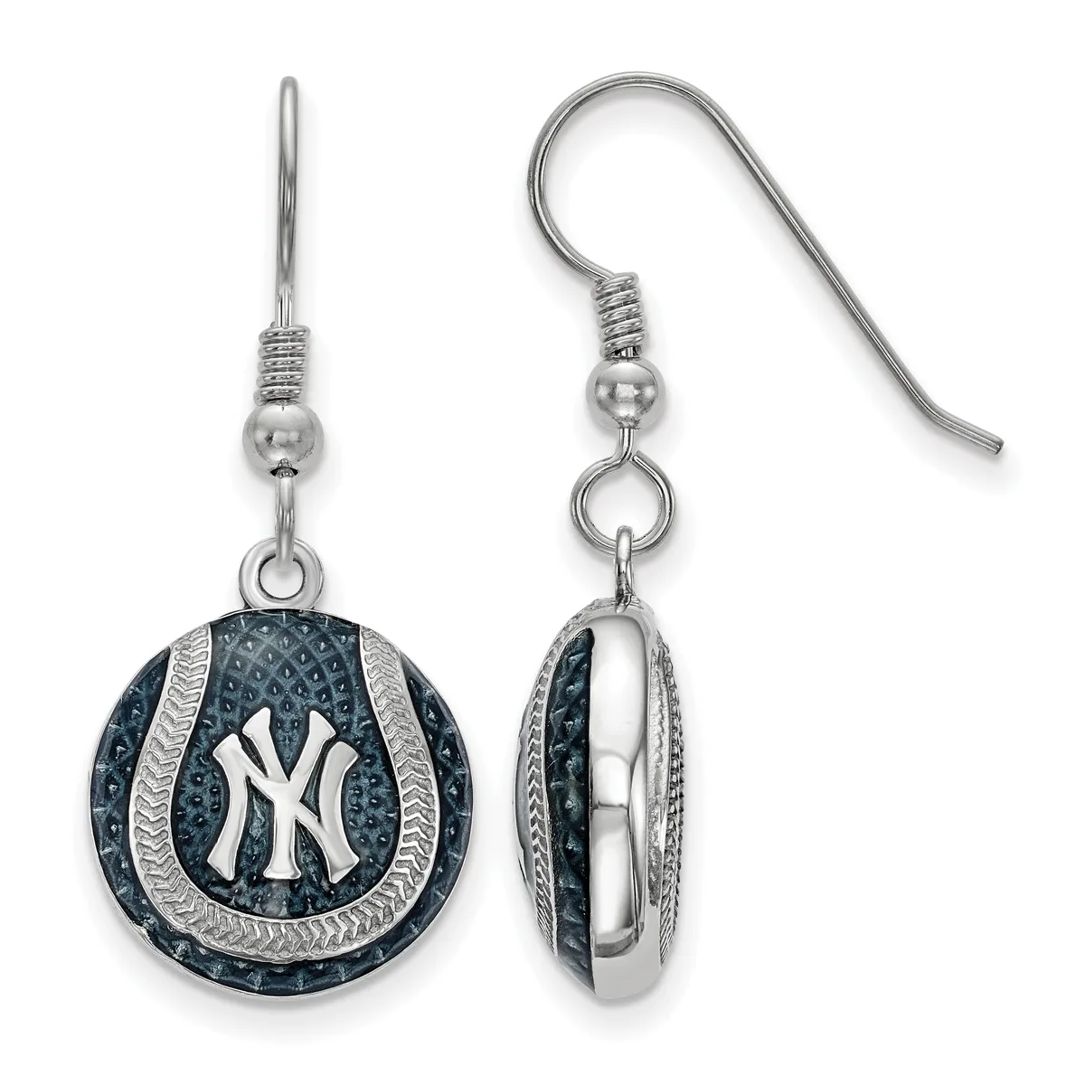 Pair of silver-tone dangle earrings with dark blue circular pendants featuring a white interlocking NY logo, surrounded by decorative silver rope detailing.