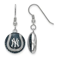 Pair of silver-tone dangle earrings with dark blue circular pendants featuring a white interlocking NY logo, surrounded by decorative silver rope detailing.