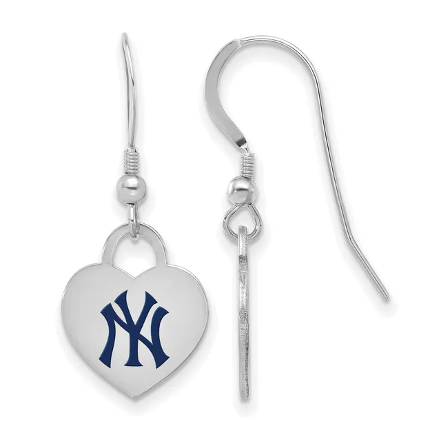 Pair of silver-toned heart-shaped earrings with dark blue NY logo, shown from front and side views with fish hook wires.
