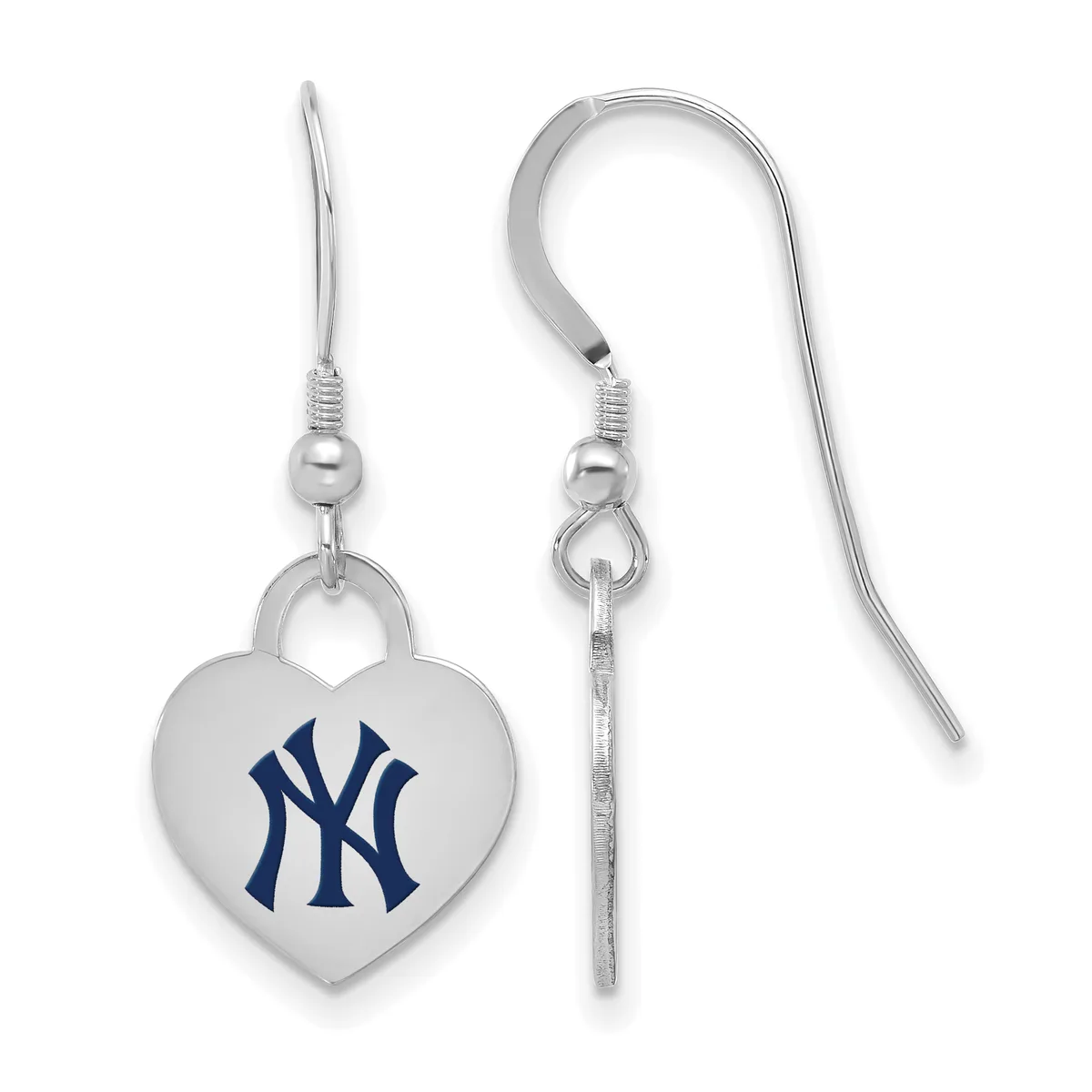 Pair of silver-toned heart-shaped earrings with dark blue NY logo, shown from front and side views with fish hook wires.