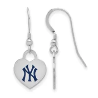 Pair of silver-toned heart-shaped earrings with dark blue NY logo, shown from front and side views with fish hook wires.