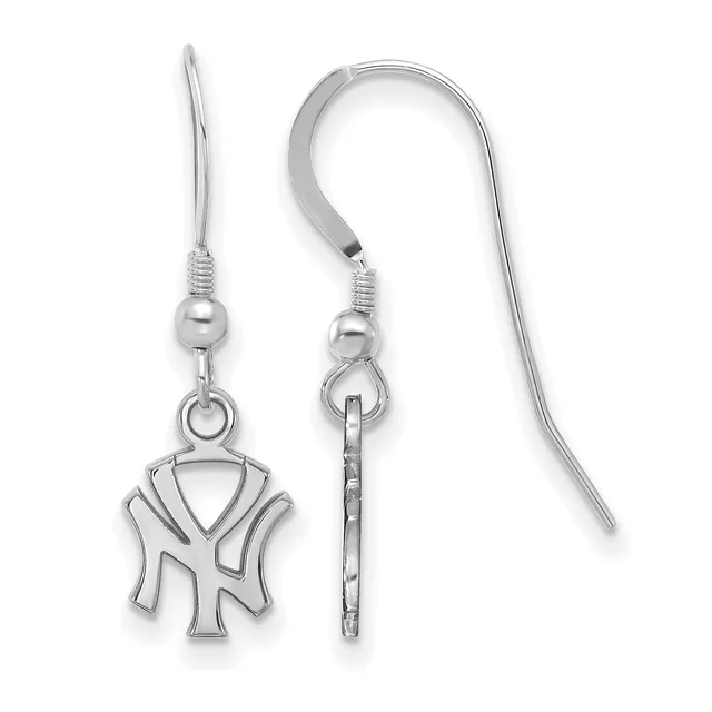 A pair of silver-toned dangle earrings featuring interlocking geometric shield designs with hook-style ear wires, shown front and side views.