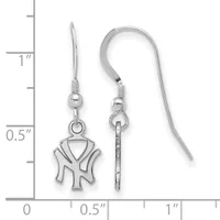 A pair of silver-toned fish hook earrings with interlocking geometric pendant charms, displayed against a measurement scale showing approximately one inch in length.