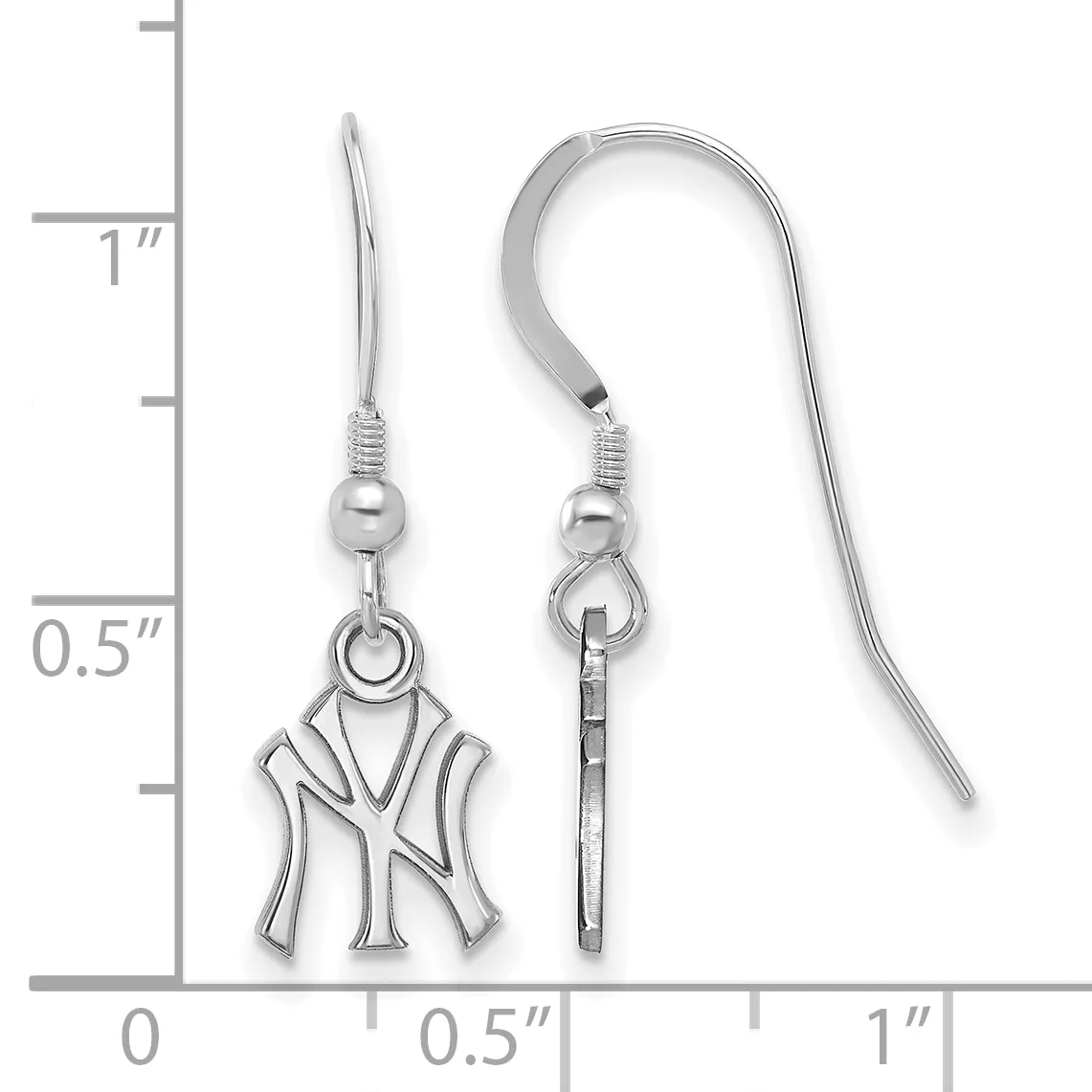 Pair of silver-toned dangle earrings with curved hooks, small round beads, and interlocking letter charms, displayed next to a ruler showing approximately one inch in length.