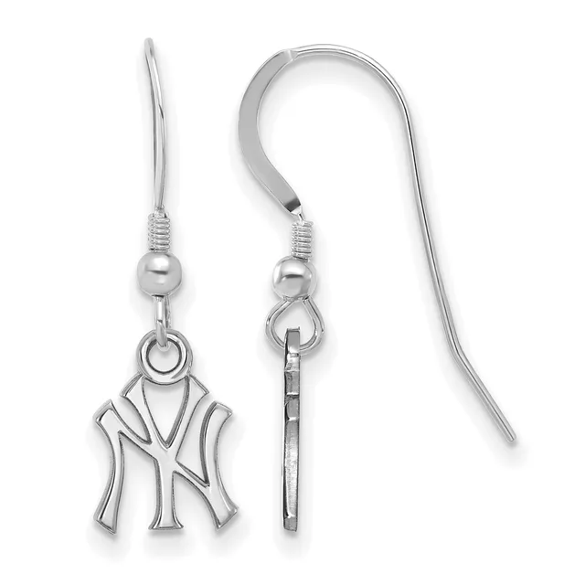 A pair of silver-toned fish hook earrings with interlocking NY Yankees logo charms dangling from ball-and-wire connectors.