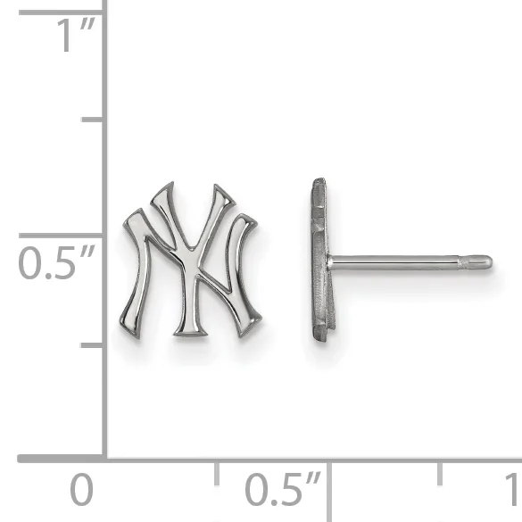 Silver stud earrings with interlocking letters NY design, shown front and back view with measurement scale indicating approximately 0.5 inch height.
